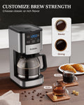 Suodoka 12 Cup Drip Coffee Maker with Glass Carafe, Brew Strength Control & Appointment Setting, Programmable Coffee Machine with Removable Filter Basket, Clear Water Level Reservoir, Black