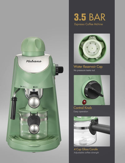 Espresso Machine, Yabano 3.5 Bar 4 Cup Steam Espresso Cappuccino Maker with Milk Frother, Green
