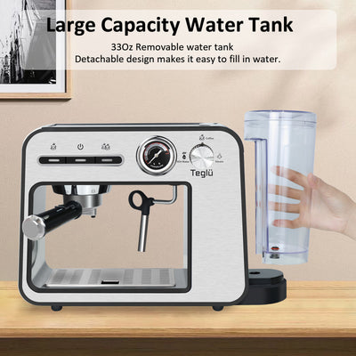 Espresso Machine 20 Bar with Milk Frother, Semi-Automatic Latte & Cappuccino Coffee Maker Duo-cup 33oz/1L Removable Water Tank for Home/Office, 1450W, Stainless Steel