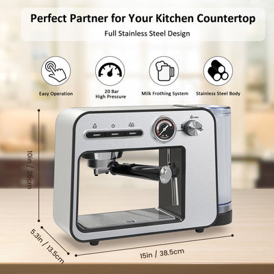 Espresso Machine 20 Bar with Milk Frother, Semi-Automatic Latte & Cappuccino Coffee Maker Duo-cup 33oz/1L Removable Water Tank for Home/Office, 1450W, Stainless Steel